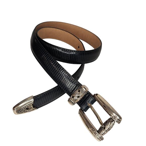 Brighton womens black Leather Belt sz Small Lizard Patern Ornate Silver Hardware - Picture 1 of 7